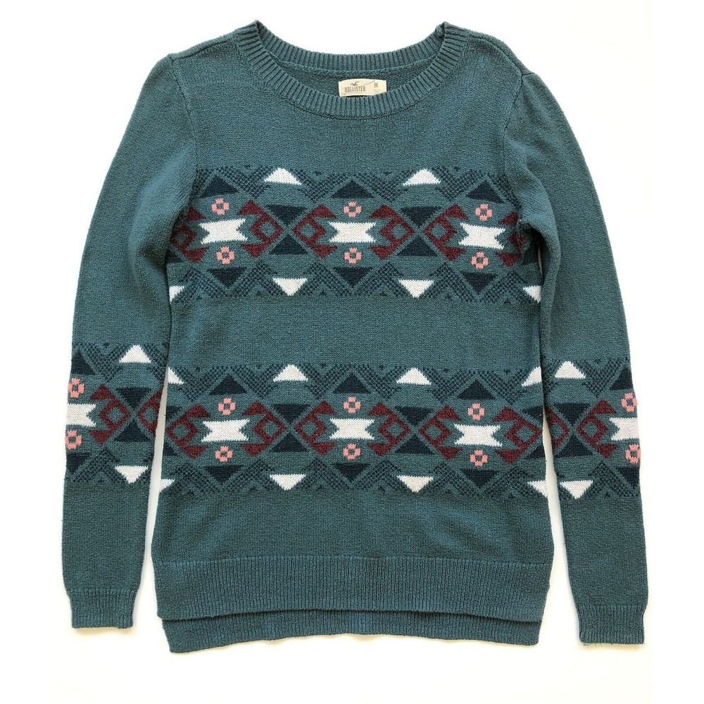 Hollister Women’s Green Aztec Pullover Sweater Size Medium